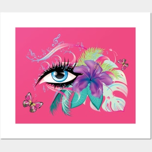 Blue eye with tropic floral and music notes Posters and Art